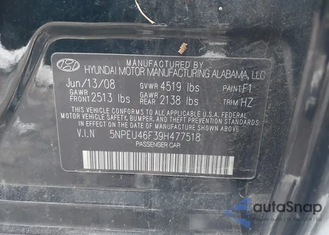 2009 Hyundai Sonata Se V6 z USA, uszkodzony, nr VIN 5NPEU46F39H477518